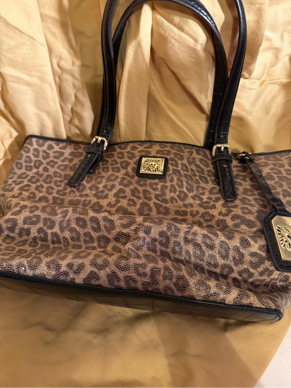 Anne Klein Leopard Print Tote Bag with Black Trim and red interior